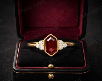 ruby diamond engagement ring hexagon cut gemstone rings 14 k yellow gold art deco ring bezel set jewelry unique promise ring for wife