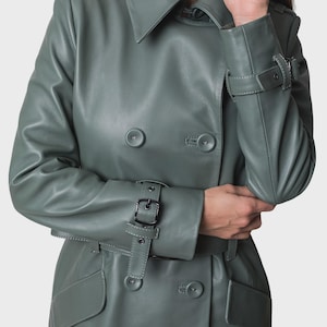 Women's Green Genuine Leather Trench Coat, Long Belted Overcoat, Handmade Outerwear