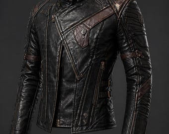 Giacca da uomo in pelle futuristica: cappotto alla moda da motociclista in stile streetwear.