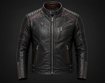 Men's Black Genuine Leather Biker Jacket, Vintage Slim Fit Motorcycle Style