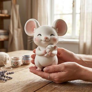 Könnte beinhalten: Eine weiße Keramik-Mausfigur, die eine kleinere Maus hält. Die größere Maus hat rosa gefütterte Ohren, ein lächelndes Gesicht und lange Schnurrhaare. Die kleinere Maus ist in ihren Armen eingebettet. Die Figur wird in den Händen einer Person gehalten.