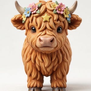 May include: A detailed figurine of a Highland cow with a brown coat and large horns. The cow wears a floral crown with pink, yellow, and blue flowers, and a gold star on its forehead. The figurine has a whimsical, cartoonish style.