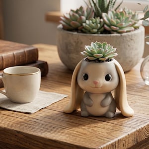 May include: A whimsical bunny-shaped planter in shades of gray and beige, holding a succulent plant. The bunny has large, expressive eyes and long, floppy ears. The planter is on a wooden surface, with a coffee cup and books in the background.