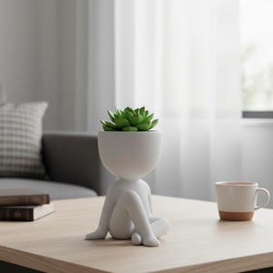 Op de afbeelding: Een witte keramische plantenbak in de vorm van een zittende persoon, met een groene vetplant. De plantenbak staat op een lichte houten tafel, met een koffiekopje en boeken in de buurt. De achtergrond omvat een grijze bank en een raam met witte gordijnen.