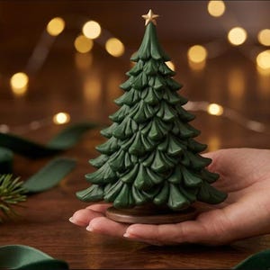Könnte beinhalten: Eine dunkelgrüne, kegelförmige Weihnachtsbaumfigur mit geschichteten, strukturierten Zweigen und einem kleinen, goldfarbenen Stern als Spitze. Der Baum steht auf einem flachen, runden braunen Sockel und zeigt ein detailliertes Design.