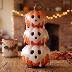 Pode incluir: Uma pilha de três abóboras de Halloween laranja e brancas com um design de cobertura escorrendo. Cada abóbora tem um rosto esculpido com buracos para os olhos e boca. A abóbora do topo tem um caule marrom.