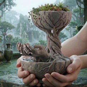 May include: A unique, gray-toned sculpture of a tree with outstretched hands holding a bowl. The bowl is filled with water and small plants. The hands wear rings. The sculpture is held by a person.
