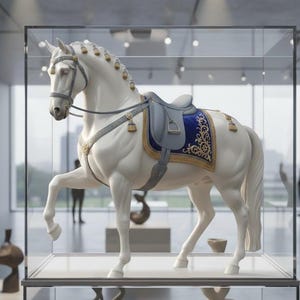 May include: A white horse statue with a blue and gold saddle and bridle, displayed in a glass case. The horse is posed with one leg raised, showcasing the intricate details of the sculpture. The saddle features ornate gold trim.