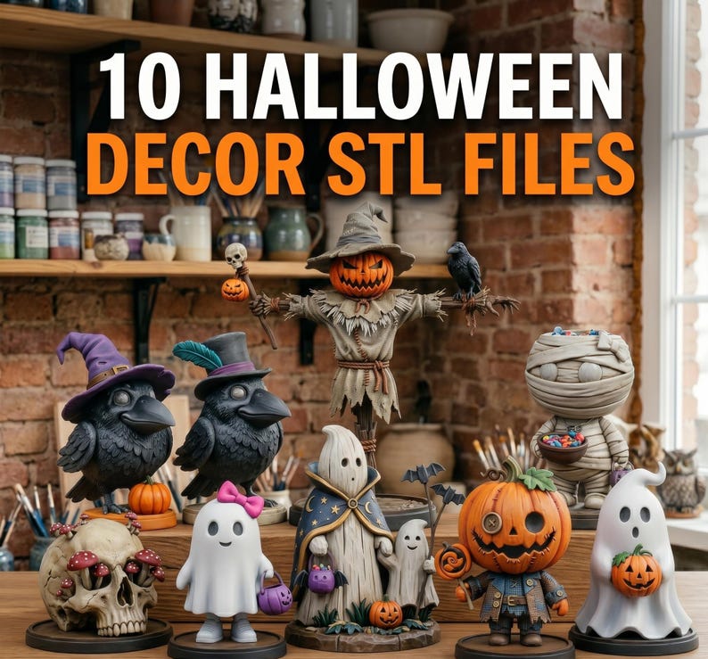 Może przedstawiać: Kolekcja figurek dekoracyjnych na Halloween, w tym strach na wr&oacute;ble z dyniową głową, mumia i duchy. Tekst "10 HALLOWEEN DECOR STL FILES" jest wyświetlany u g&oacute;ry obrazu.
