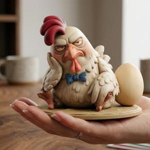 May include: A whimsical figurine of a grumpy chicken with a red comb, blue bow tie, and an egg. The chicken is resting its head on its hand, giving it a thoughtful expression. The figurine is on a small, round base.