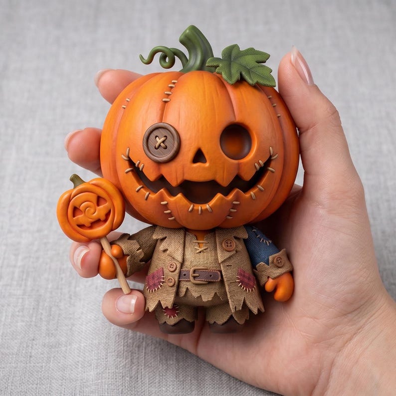 Może przedstawiać: Kapryśna figurka na Halloween z dyniową głową, szytymi ustami i guzikiem w oku. Figurka ma na sobie łatany płaszcz i trzyma lizaka w kształcie dyni. Kolory to pomarańczowy, brązowy i beżowy.