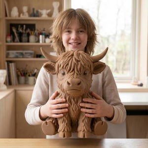 May include: A brown Highland cow sculpture with detailed fur and horns. The sculpture is held by a person. The cow has large, round eyes and is sitting on a wooden surface. The background includes a wooden shelf with various items.