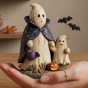 May include: A carved wooden Halloween figurine featuring two ghost figures. One ghost wears a blue cape with gold stars and crescent moons, and carries a purple bat-shaped candy basket. A smaller ghost holds a bat-shaped decoration. A carved pumpkin is also present.
