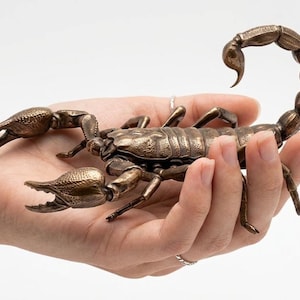 May include: A bronze scorpion figurine with intricate detailing, including pincers and a curved tail. The scorpion is held in a hand against a white backdrop. The figurine is a decorative item.