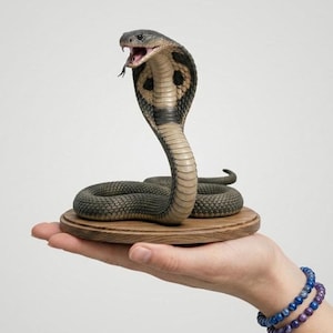 Può includere: Una scultura dettagliata di cobra con la bocca aperta, che rivela la lingua e le zanne. Il serpente è in una posa suggestiva, montato su una base di legno rotonda. Le squame del cobra sono dettagliate in tonalità di verde, beige e nero.