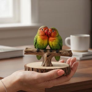 May include: A decorative figurine of two colourful lovebirds perched on a wooden branch. The birds have red beaks, orange chests, and green and yellow plumage. The branch sits on a round wooden base.