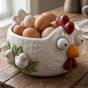 May include: A white ceramic chicken-shaped bowl filled with brown eggs. The bowl has a red comb and wattle, an orange beak, and large, googly eyes. Small white bird figurines and green leaves decorate the side. The bowl sits on a wooden surface.