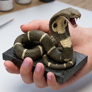 May include: A detailed figurine of a cobra snake with dark olive green scales and cream-coloured bands, coiled on a rectangular black granite-textured base. The snake is depicted with its hood flared and mouth open, revealing sharp fangs and a pink tongue.