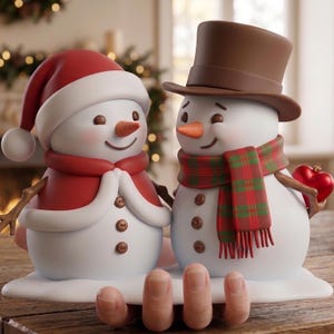Könnte beinhalten: Zwei Schneemannfiguren. Einer trägt einen roten Weihnachtsmannhut und -mantel, der andere einen braunen Zylinder und einen karierten Schal. Beide haben Karottennasen und Zweigarme. Einer hält ein rotes Herz. Die Figuren stehen auf einer weißen Basis.
