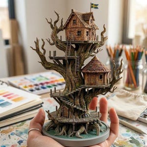 Può includere: Una scultura dettagliata in miniatura di una casa sull'albero con più livelli, scale e una bandiera svedese. La casa sull'albero presenta una struttura in legno marrone con un aspetto strutturato simile alla corteccia. La scultura è tenuta in mano.