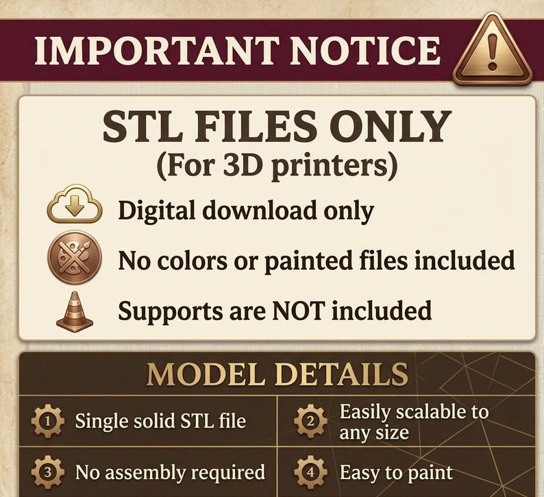 Może przedstawiać: Grafika informacyjna z tekstem "IMPORTANT NOTICE" i "STL FILES ONLY (For 3D printers)". Zawiera szczeg&oacute;ły, że jest to plik do pobrania cyfrowego, nie zawiera kolor&oacute;w ani pomalowanych plik&oacute;w, a podpory NIE są dołączone. Szczeg&oacute;ły modelu są r&oacute;wnież wymienione.