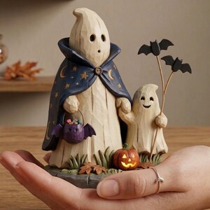Może przedstawiać: Rzeźbiona drewniana figurka na Halloween przedstawiająca dwa duchy. Jeden duch ma na sobie niebieską pelerynę ze złotymi gwiazdami i księżycami i trzyma fioletowy wiaderko w kształcie nietoperza. Drugi duch trzyma patyk z trzema czarnymi nietoperzami. Rzeźbiona dynia i liście u podstawy.