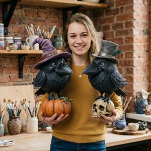 Puede incluir: Dos figuras de cuervos negros, una posada sobre una calabaza naranja y la otra sobre una calavera. El cuervo de la izquierda lleva un sombrero de bruja morado, y el de la derecha un sombrero de copa. Temática de Halloween.