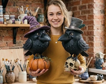 Whimsical Raven Duo STL – Halloween Crow Pumpkin Witch, Top Hat Skull Figures (3D Printable)