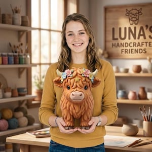 Puede incluir: Figura artesanal de una vaca de las Tierras Altas marrón con una corona de flores y detalles de estrella. La figura la sostiene una persona que lleva un jersey amarillo mostaza. El fondo incluye estantes con cerámica y un letrero que dice "LUNA'S HANDCRAFTED FRIENDS."