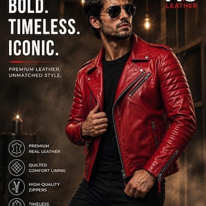 Puede incluir: Una chaqueta de cuero roja vibrante para motocicleta con detalles acolchados en hombros y mangas, cremalleras de metal plateado y solapa con muescas. El texto en la imagen dice: BOLD. TIMELESS. ICONIC. PREMIUM LEATHER. UNMATCHED STYLE. NS LEATHER. PREMIUM REAL LEATHER. QUILTED COMFORT LINING. HIGH-QUALITY ZIPPERS. TIMELESS DESIGN.