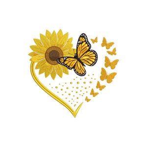May include: An embroidery design featuring a large yellow sunflower with a brown centre, a monarch butterfly with black and orange wings, and a series of smaller yellow butterflies and dots arranged in the shape of a heart outline.