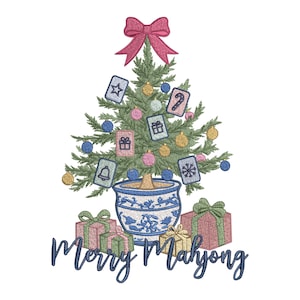 May include: An embroidered Christmas tree in a blue and white patterned pot, topped with a pink bow. The tree is decorated with colorful ornaments and Mahjong tiles. Wrapped gift boxes sit at the base, with the text Merry Mahjong below.
