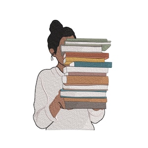 May include: An embroidered patch design featuring a person with dark hair in a bun wearing a white long-sleeved shirt, holding a large stack of books in various colors including green, white, brown, yellow, and blue that obscures their face.
