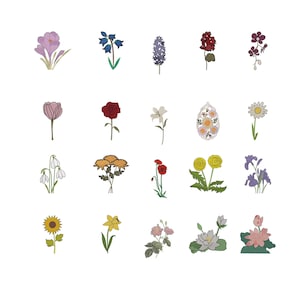 May include: A collection of colorful floral illustrations, including a purple crocus, bluebell, hyacinth, and rose. Other flowers include a tulip, daisy, and sunflower. Each flower is outlined in black on a white background.