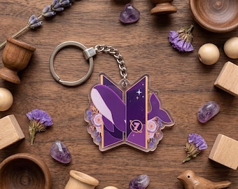Purple Whale Floral Keychain, Borahae Galaxy Acrylic Keychain, Kpop Inspired 2D Flat Keyring, Tiny Tan Style Whale Bag Charm, Keychain Gift