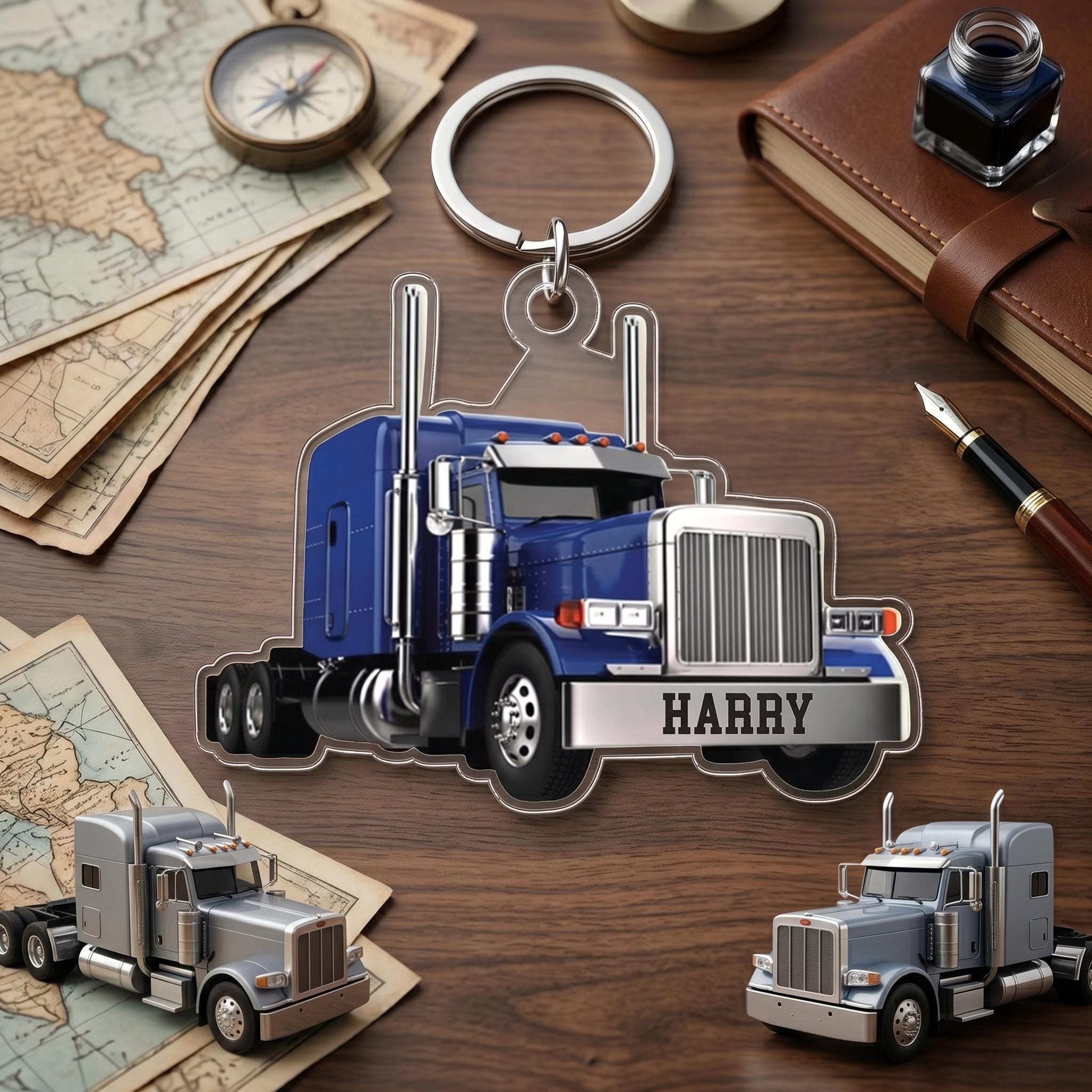 Custom Semi Truck Keychain, Personalized Trucker Name Acrylic 2D Flat ...