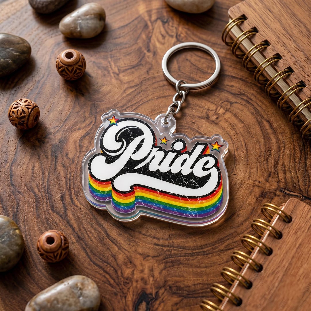 Retro Pride Keychain, Vintage Rainbow Script Acrylic Keychain, LGBTQ ...