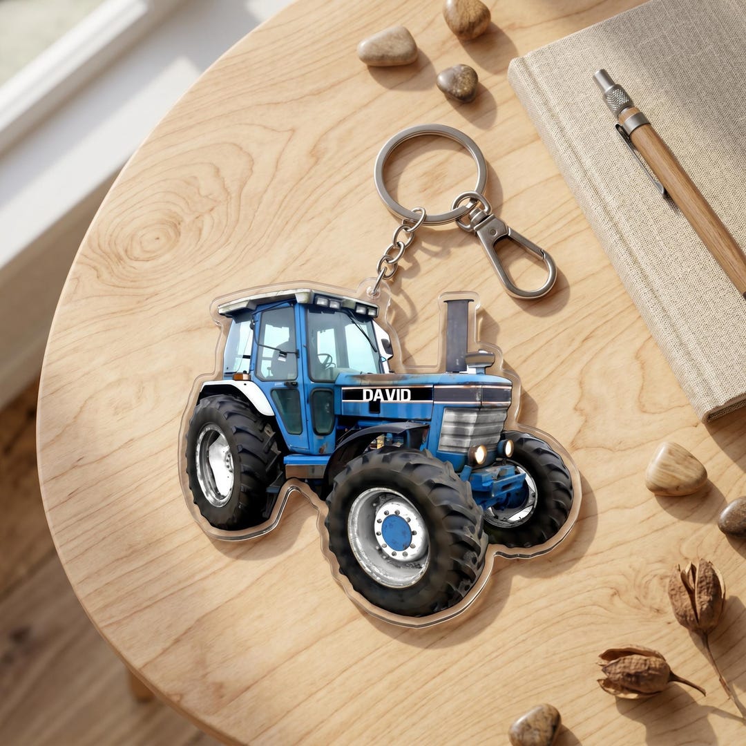 Custom Blue Tractor Keychain, Personalized Farmer Name Acrylic 2D Flat ...