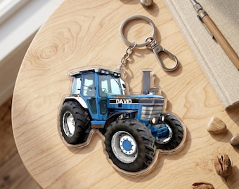 Custom Blue Tractor Keychain, Personalized Farmer Name Acrylic 2D Flat Charm, Farming Life Gift, Agriculture Vehicle Keyring for Him