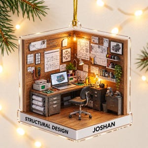 May include: A clear acrylic ornament featuring a miniature 3D engineering office scene with a desk, chair, computer, and technical drawings on wood-paneled walls. The base is white with the black text "STRUCTURAL DESIGN" and "JOSHAN" printed on it.