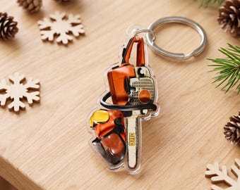 Personalized Chainsaw Keychain, Custom Logger Name Acrylic 2D Flat Keychain, Lumberjack Tool Gift, Arborist Woodworker Keychain