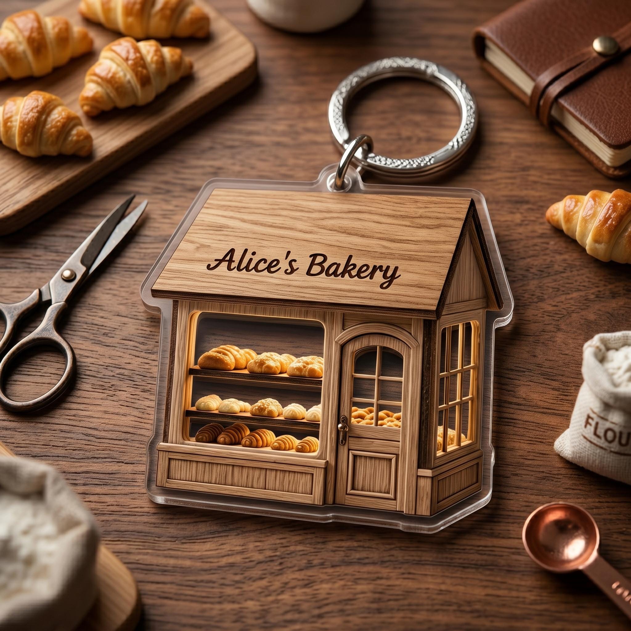 Custom Bakery Storefront Keychain, Personalized Baker Name Acrylic 2D ...