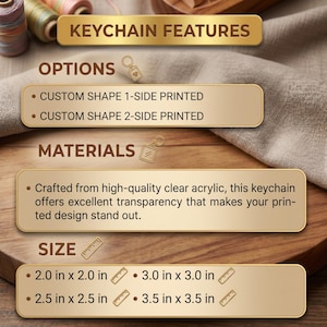 May include: Image showcasing keychain features, including options for custom shapes with 1-side or 2-side printing. The keychains are crafted from clear acrylic. Available sizes are 2.0 x 2.0 inches, 2.5 x 2.5 inches, 3.0 x 3.0 inches, and 3.5 x 3.5 inches.