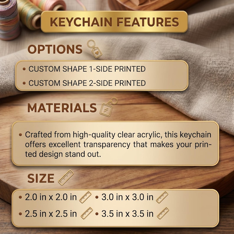 May include: Image showcasing keychain features, including options for custom shapes with 1-side or 2-side printing. The keychains are crafted from clear acrylic. Available sizes are 2.0 x 2.0 inches, 2.5 x 2.5 inches, 3.0 x 3.0 inches, and 3.5 x 3.5 inches.