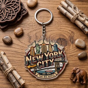 May include: A New York City keychain featuring iconic landmarks like the Statue of Liberty, the Empire State Building, and the Brooklyn Bridge. The keychain has a silver ring and chain, with the text "New York City" and "The Big Apple".