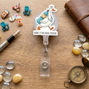 Funny Honk If You Need Oxygen Goose Badge Reel, Cute Respiratory Therapist Retractable ID Holder, Acrylic Nurse Name Tag Card Reel
