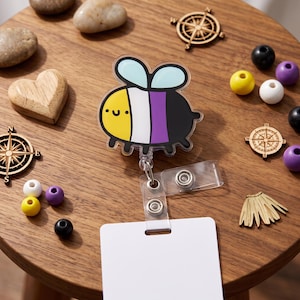 Nonbinary Pride Bee Badge Reel Acrylic ID Holder, Cute Non-binary Honeybee Name Tag Clip, LGBTQ Nurse Gift ID Badge Reel