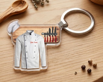 Personalized Chef Uniform Keychain, Custom Cook Name Acrylic 2D Flat Charm, Culinary Graduation Gift, Kitchen Lover Keyring for Chef