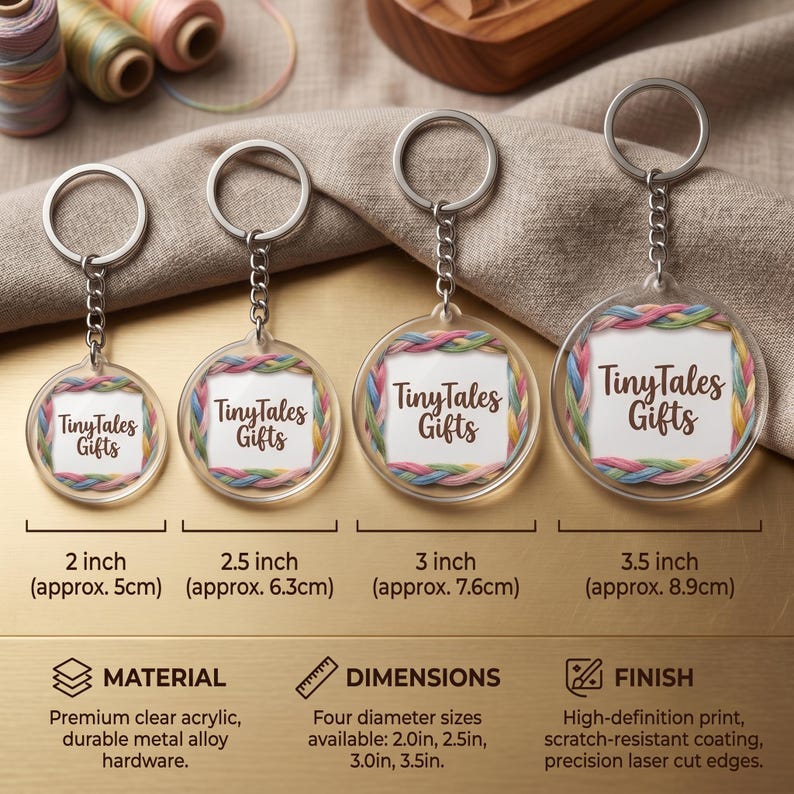 May include: Clear acrylic keychains with metal alloy hardware, featuring the text "TinyTales Gifts" within a colorful braided border. Available in 2, 2.5, 3, and 3.5-inch diameters. High-definition print with scratch-resistant coating.