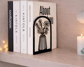 Floral Vase Bookends Set of 2 | Minimalist Botanical Bookshelf Decor | Modern Flower Shelf Support